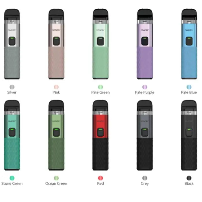 Colorful electronic vaping devices or e-cigarettes in various pastel and muted shades.