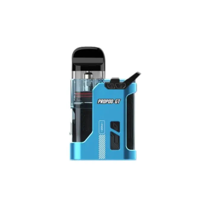 Blue and black electronic vaping device with a transparent pod section.