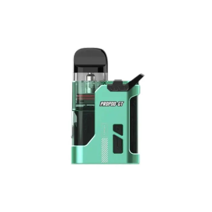 Teal and black electronic vaping device with a transparent pod section.