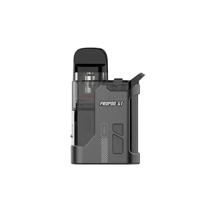 Compact electronic vaping device labeled ’PROPOD GT’ with a dark gray body and transparent tank section.