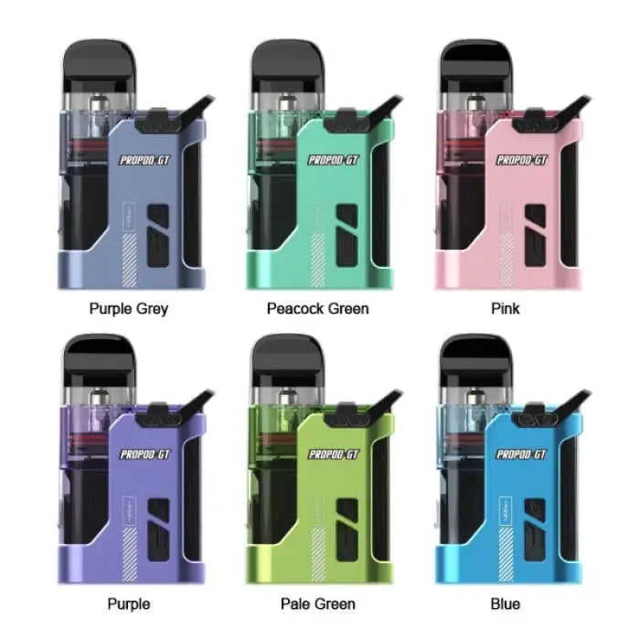 Colorful electronic vaping devices or pod systems in various pastel shades.