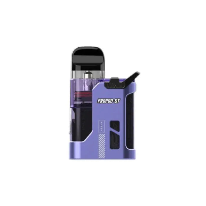 Compact purple and black electronic vaping device with a clear tank section.