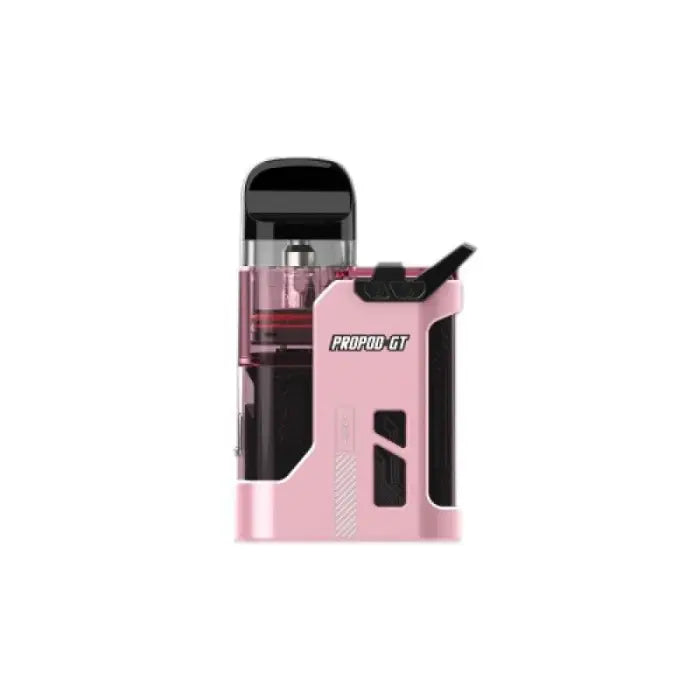 Pink and black electronic vaping device with a transparent pod section.