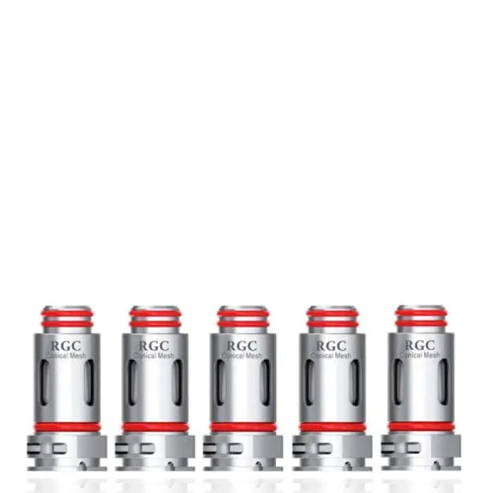 Row of five identical silver and red vaping coils or atomizer heads.