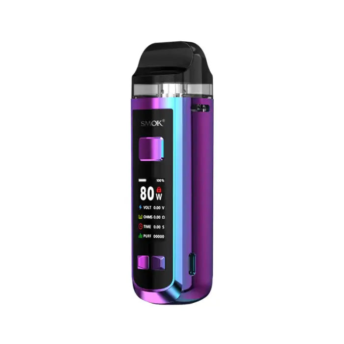 Sleek purple and black electronic vaping device with a digital display showing 80W.