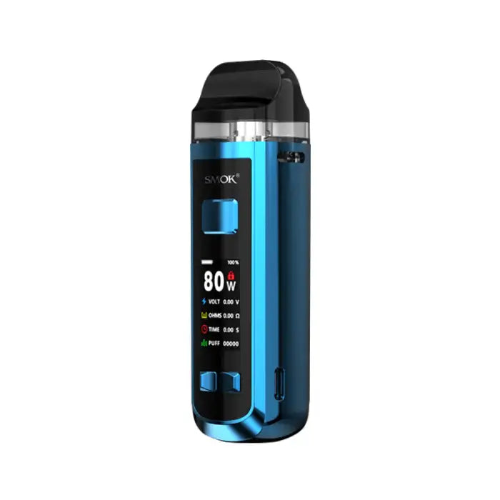 Sleek blue and black electronic vaping device with a digital display showing 80W.