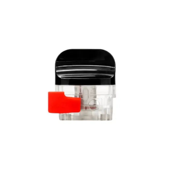 Transparent pod or cartridge with a black top and red accent, likely for an electronic device.