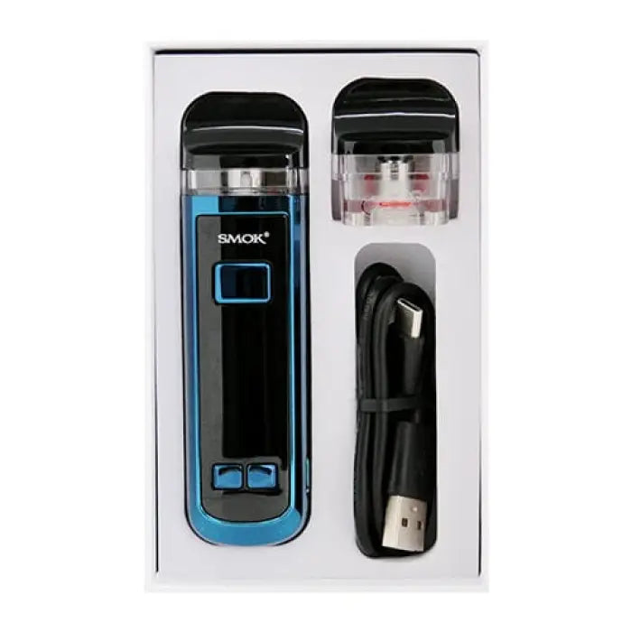 Electronic vaping device with a blue and black body, accompanied by a replacement pod and charging cable.