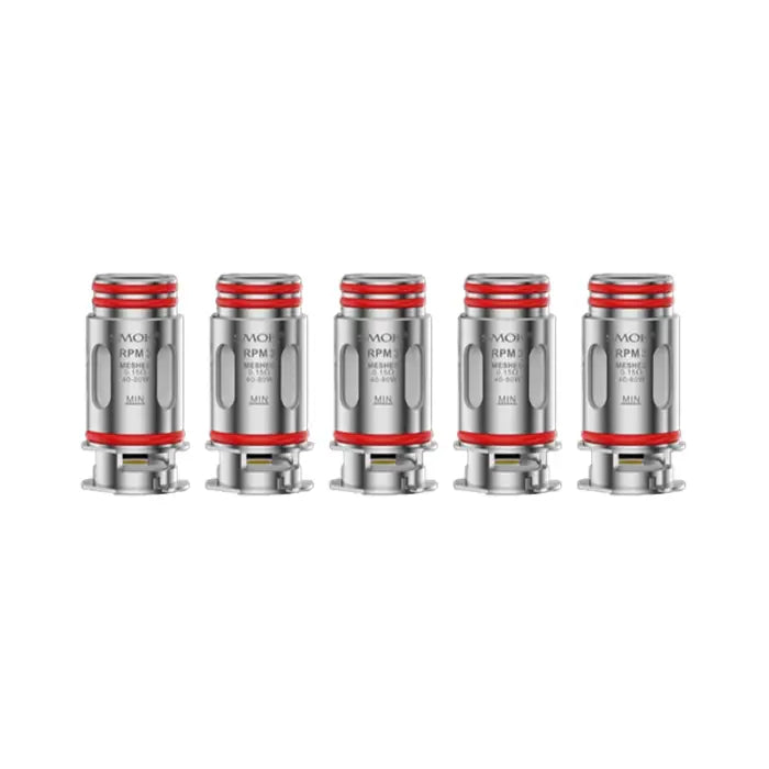 Set of five identical vaping coils or atomizer heads with red and silver components.