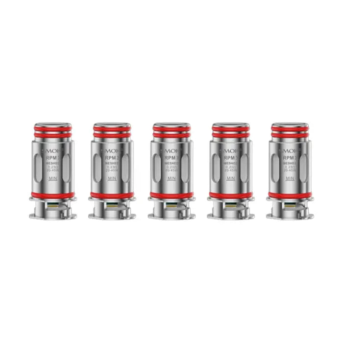 Five identical vaping coils or atomizer heads with red and silver components arranged in a row.