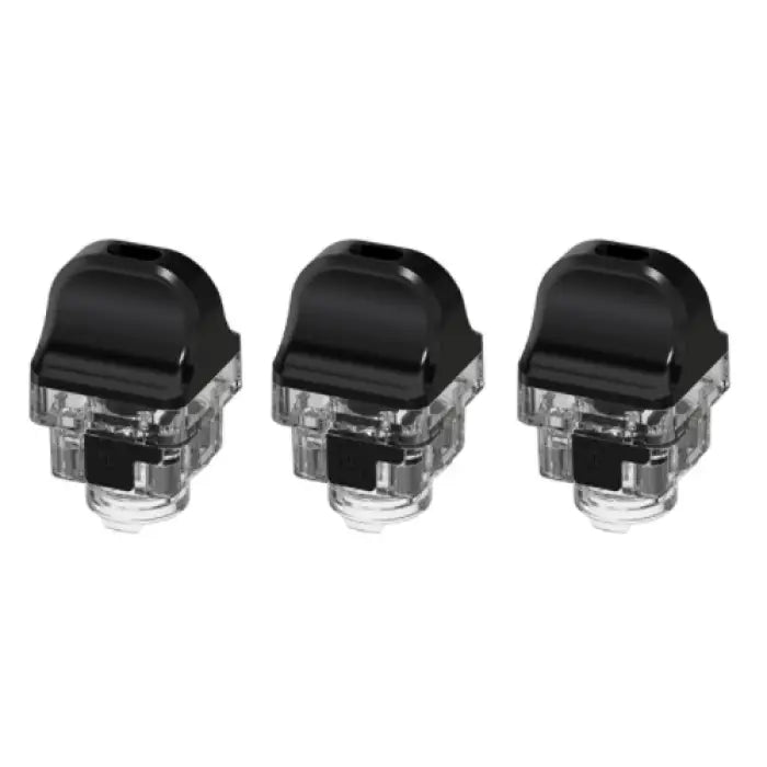 Three identical vape pods or cartridges with black tops and clear bases.