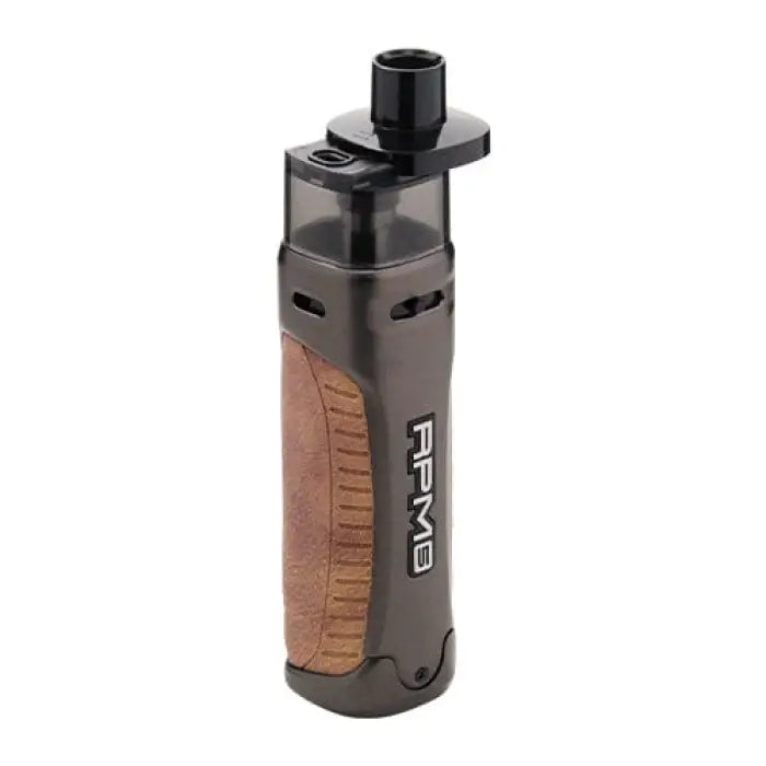 Vape device or e-cigarette with a transparent tank and brown grip section.