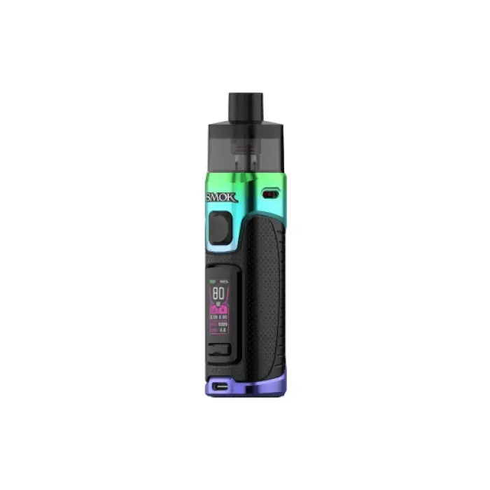 Electronic vaping device with a digital display and colorful accents.