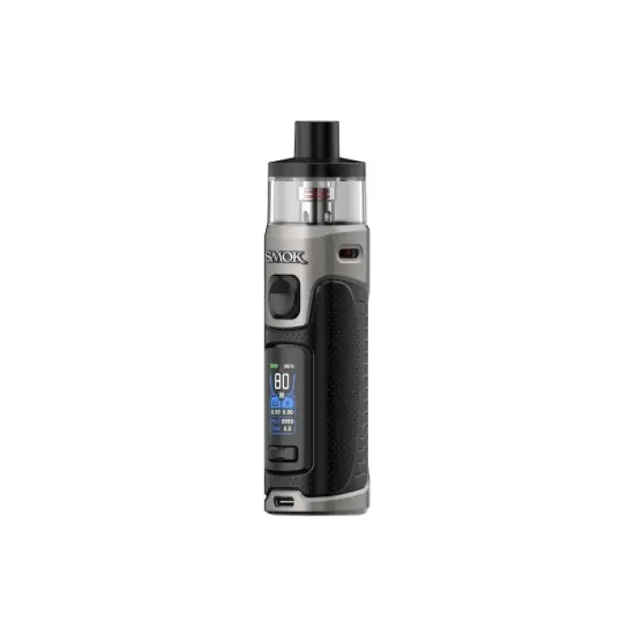 Electronic vaping device with a digital display and transparent tank.