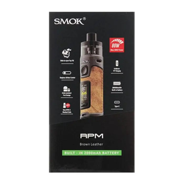 Electronic cigarette or vaping device packaging for the SMOK RPM model in brown leather finish.