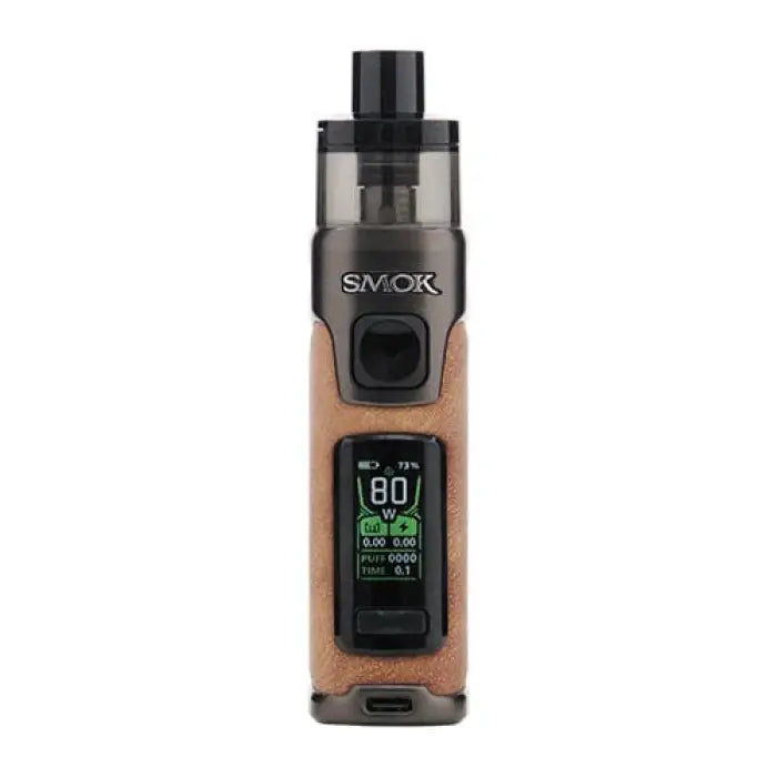 Electronic vaping device with a digital display and brown-toned body.