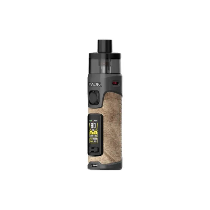 Electronic vaping device with a textured tan grip and digital display screen.