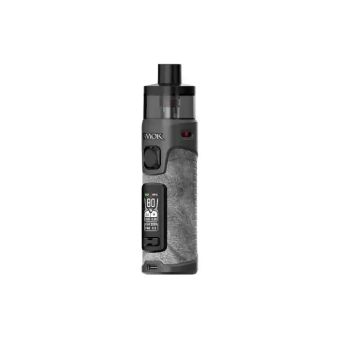 Electronic vaping device with a digital display and textured gray body.