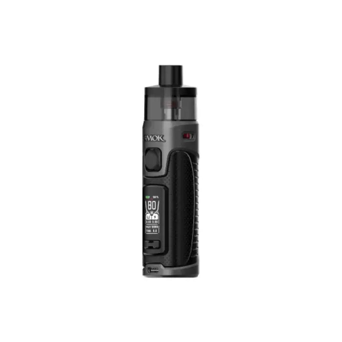 Black electronic vaping device with a digital display and adjustable settings.