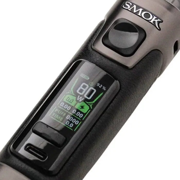 Electronic vaping device with a digital display showing battery level and wattage settings.