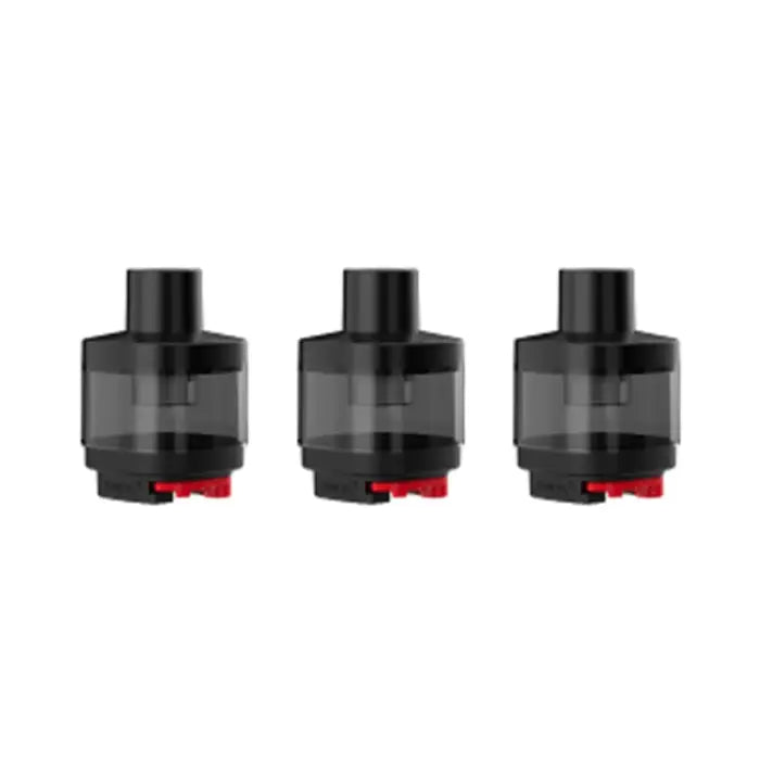 Three identical black cylindrical vaping pods or cartridges with red bases.