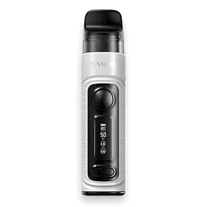 Electronic vaping device with a digital display and sleek white and black design.