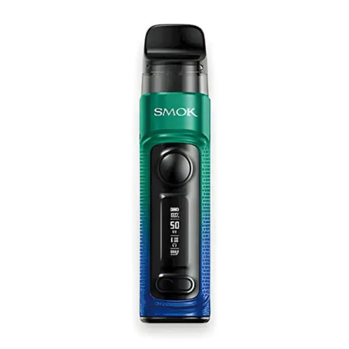 Electronic vaping device with a gradient blue-green body and digital display.