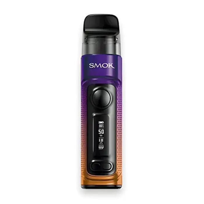 Electronic vaping device with a purple and orange gradient body and a digital display.