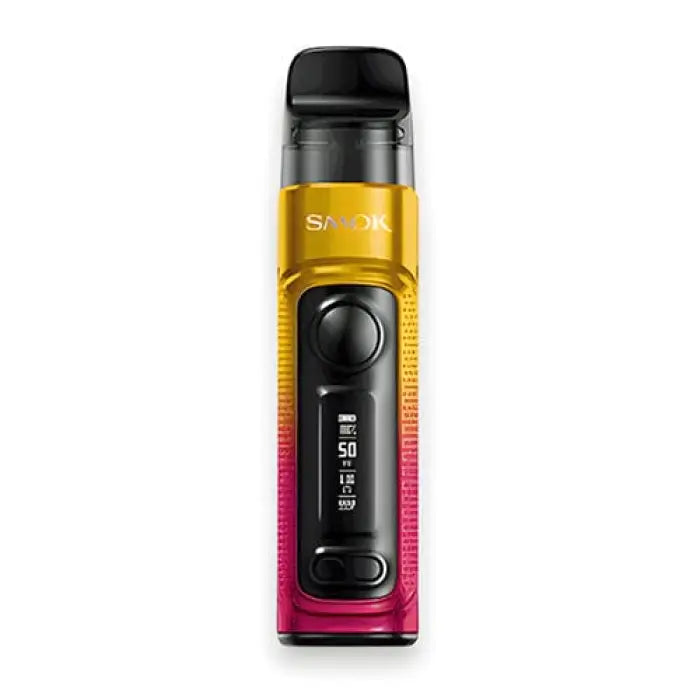 Colorful electronic vaping device with a digital display and gradient yellow-to-pink body.