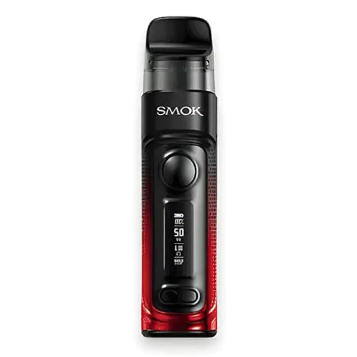 Electronic vaping device with a black and red gradient body, featuring a digital display and the ’SMOK’ brand name.