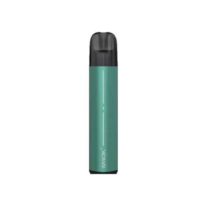 Cylindrical teal vape pen or e-cigarette device with a black mouthpiece.