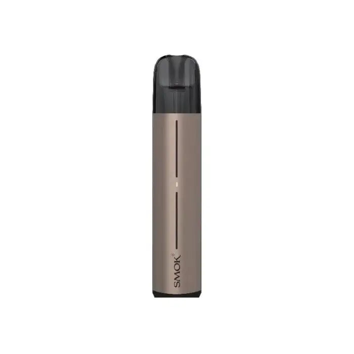 Sleek, cylindrical vape device with a metallic taupe body and black mouthpiece.