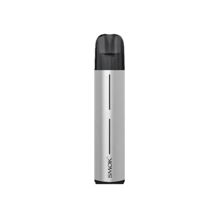 Sleek silver and black electronic vaping device or e-cigarette.