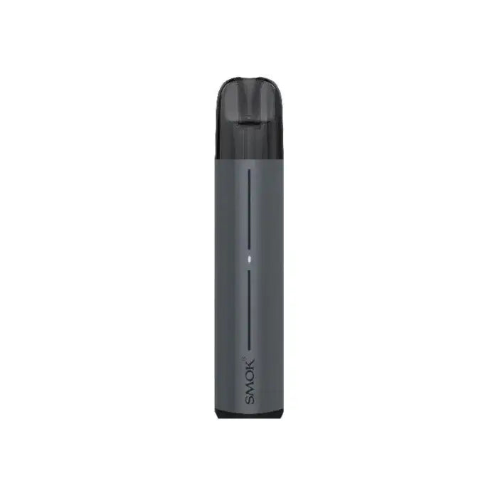 Sleek, cylindrical gray vape pen or e-cigarette device.