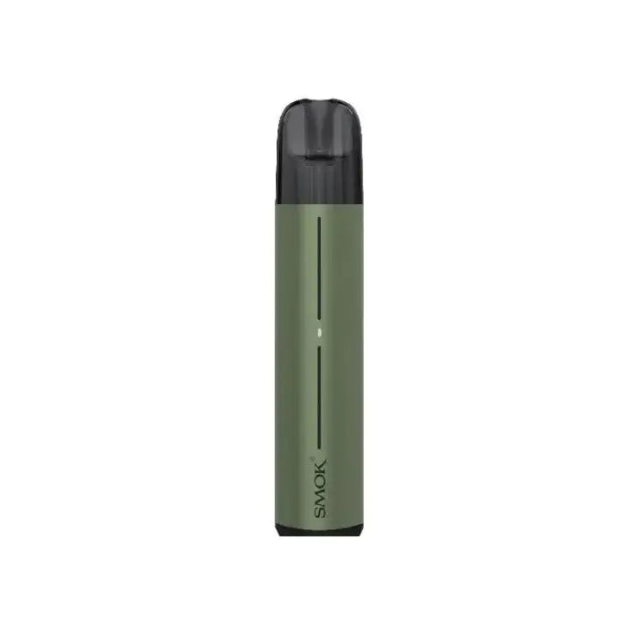 Cylindrical green vape device with a black mouthpiece.