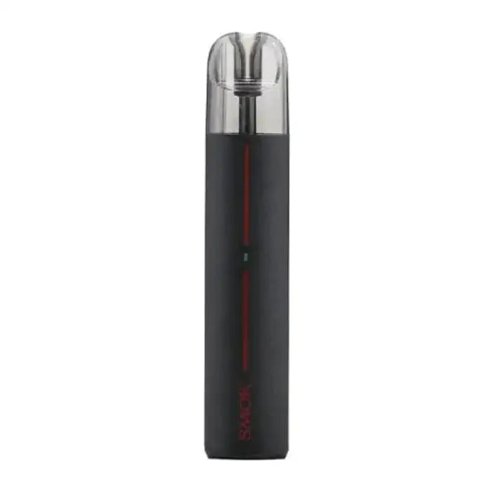 Sleek black electronic vaping device with a clear mouthpiece.