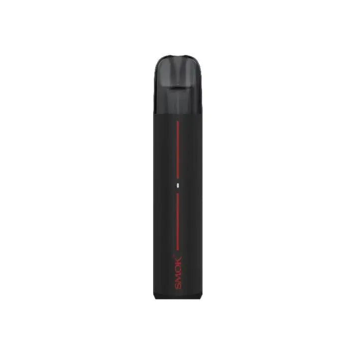 Sleek black electronic vaping device with a thin red vertical line.