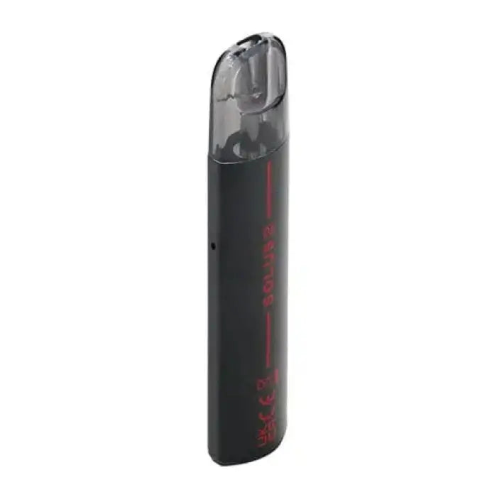 Sleek black electronic cigarette or vape device with a transparent mouthpiece.