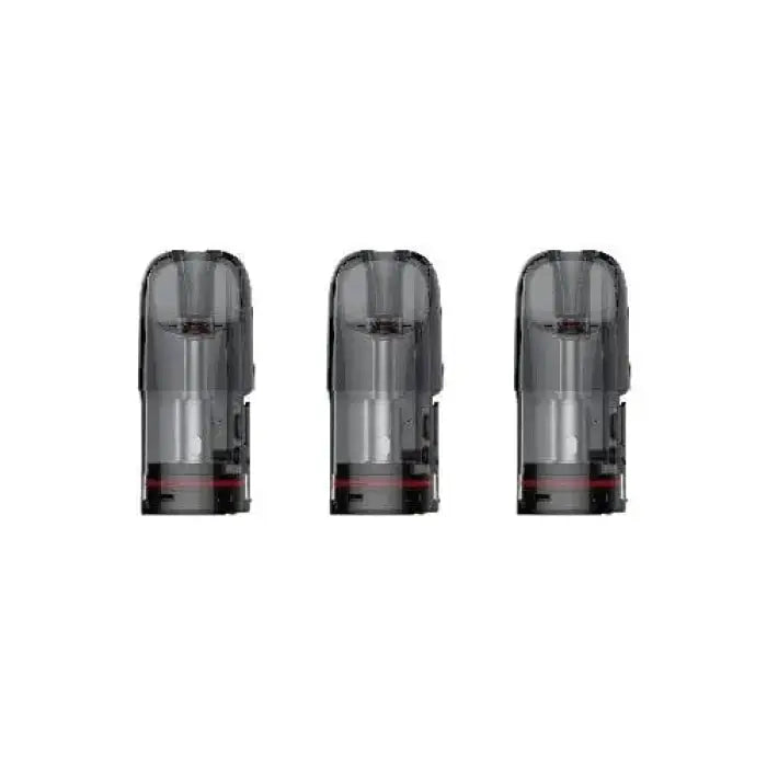 Three identical vape pods or e-cigarette cartridges with transparent bodies and dark tips.