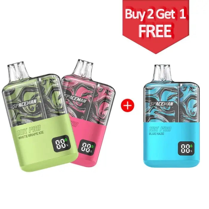 Colorful disposable vape devices with a ’Buy 2 Get 1 FREE’ promotional offer.