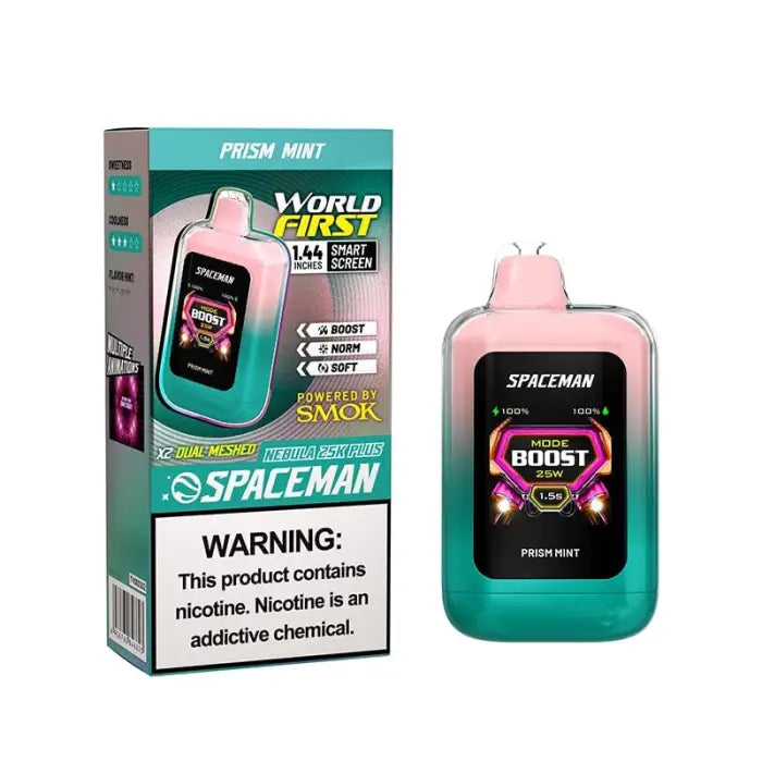 Vaping device called ’Spaceman’ in pink and teal colors with its product packaging.