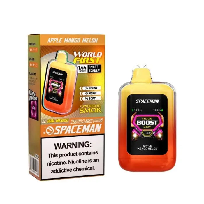 Disposable vape device with packaging featuring ’Spaceman’ branding and fruit flavors.