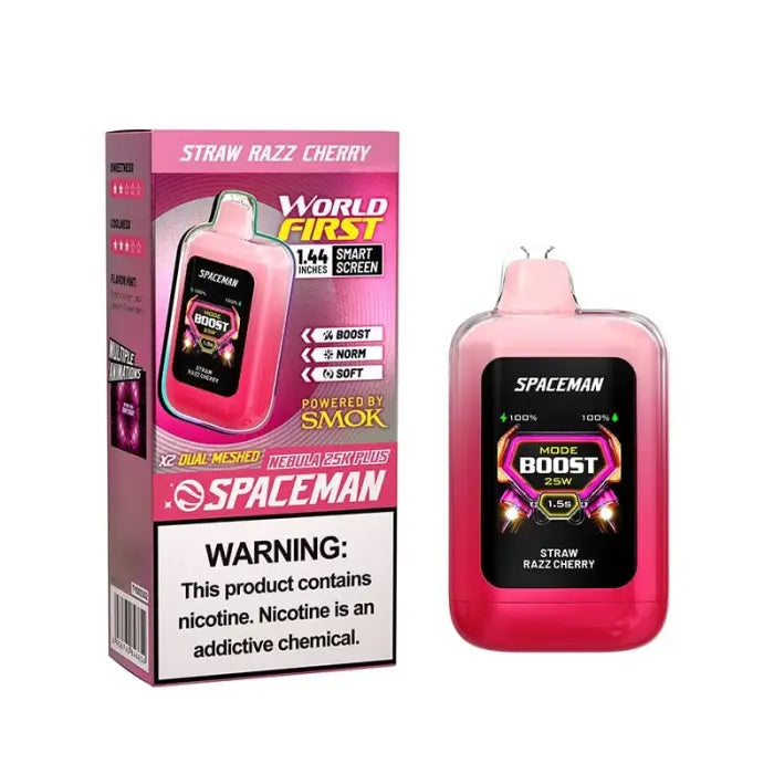 Pink electronic vaping device with a digital display screen and its product packaging.