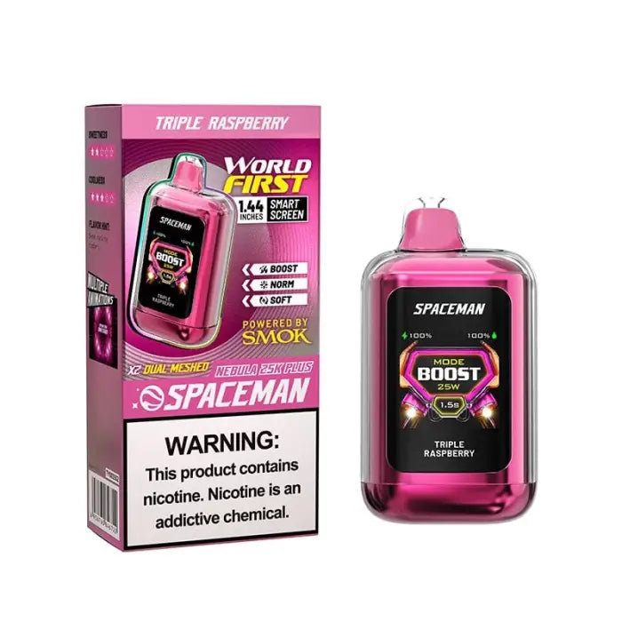 Pink electronic vaping device with a digital display screen and its product packaging.