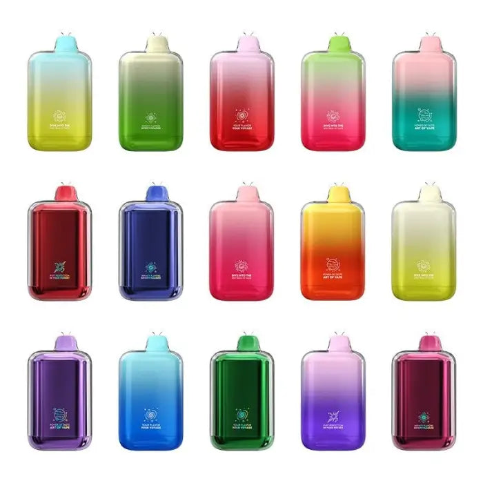 Colorful gradient water bottles or reusable drink containers arranged in rows.