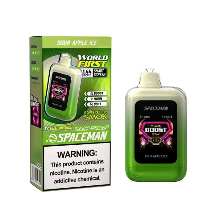 Electronic vaping device with a green and black color scheme, displaying ’Spaceman’ branding and a sour apple ice flavor.