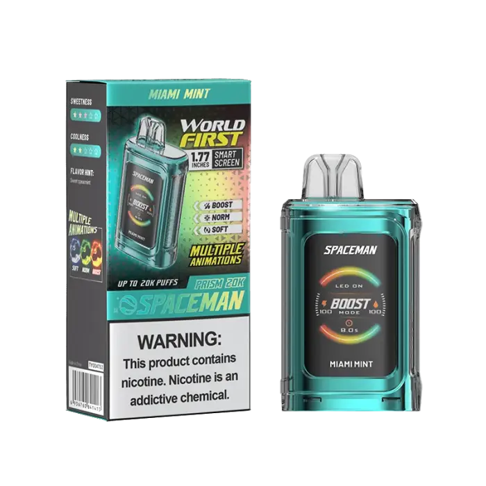 Disposable vape device in teal color with its packaging.