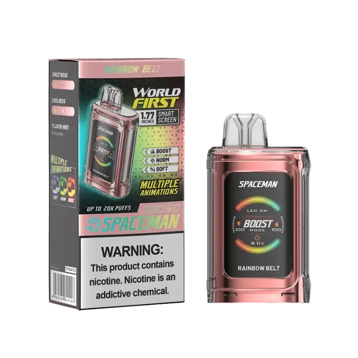 Electronic vaping device with a colorful display screen and metallic pink casing, shown with its product packaging.