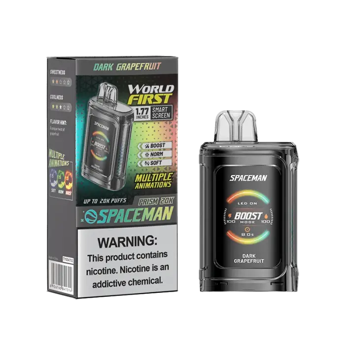 Electronic vaping device with packaging displaying ’Spaceman’ branding and dark grapefruit flavor.