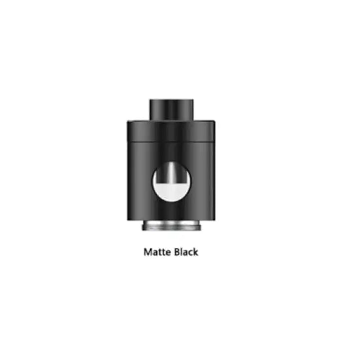 Cylindrical matte black vaping tank or atomizer with a circular viewing window.